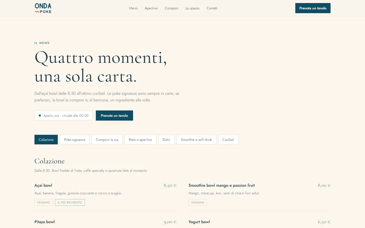 Pagina menù di Onda Poke su desktop con le categorie della giornata e i piatti della colazione