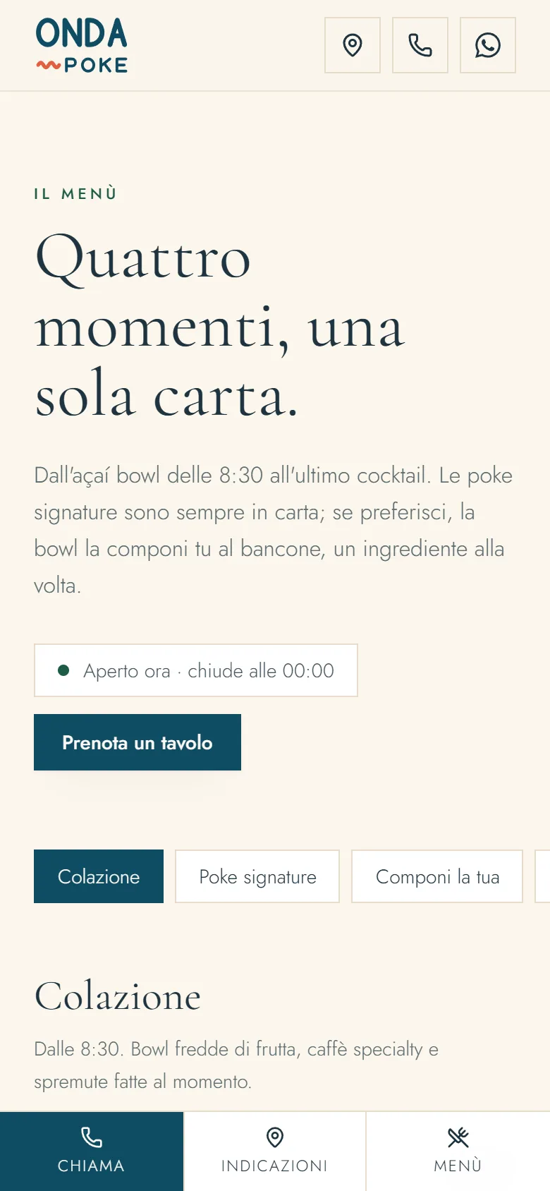 Menù di Onda Poke su smartphone con stato di apertura e pulsante per prenotare